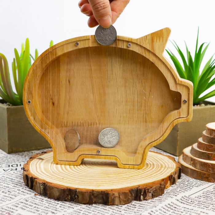 High Quality Wooden Hollow Design Animal Pig Piggy Bank for Kids