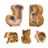 Custom Clear Wooden Piggy Bank, Letter & Animal Shaped Coin Box