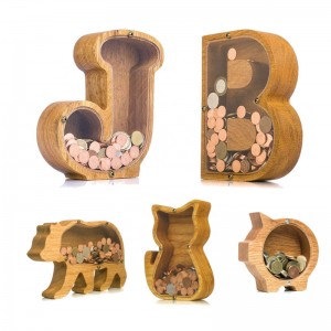 Custom Clear Wooden Piggy Bank, Letter & Animal Shaped Coin Box