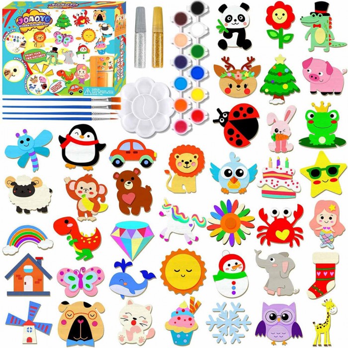 DIY Wood Painting Fridge Magnet Craft Kit for Kids, Unfinished Wooden Magnet Art Set with Paint & Brushes