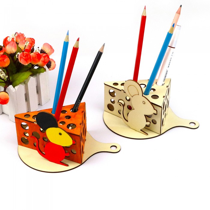 Customizable DIY Wooden Pen Holder Puzzle Kit, Unfinished Dinosaur/Mouse Shape Desk Organizer for Kids Painting Crafts